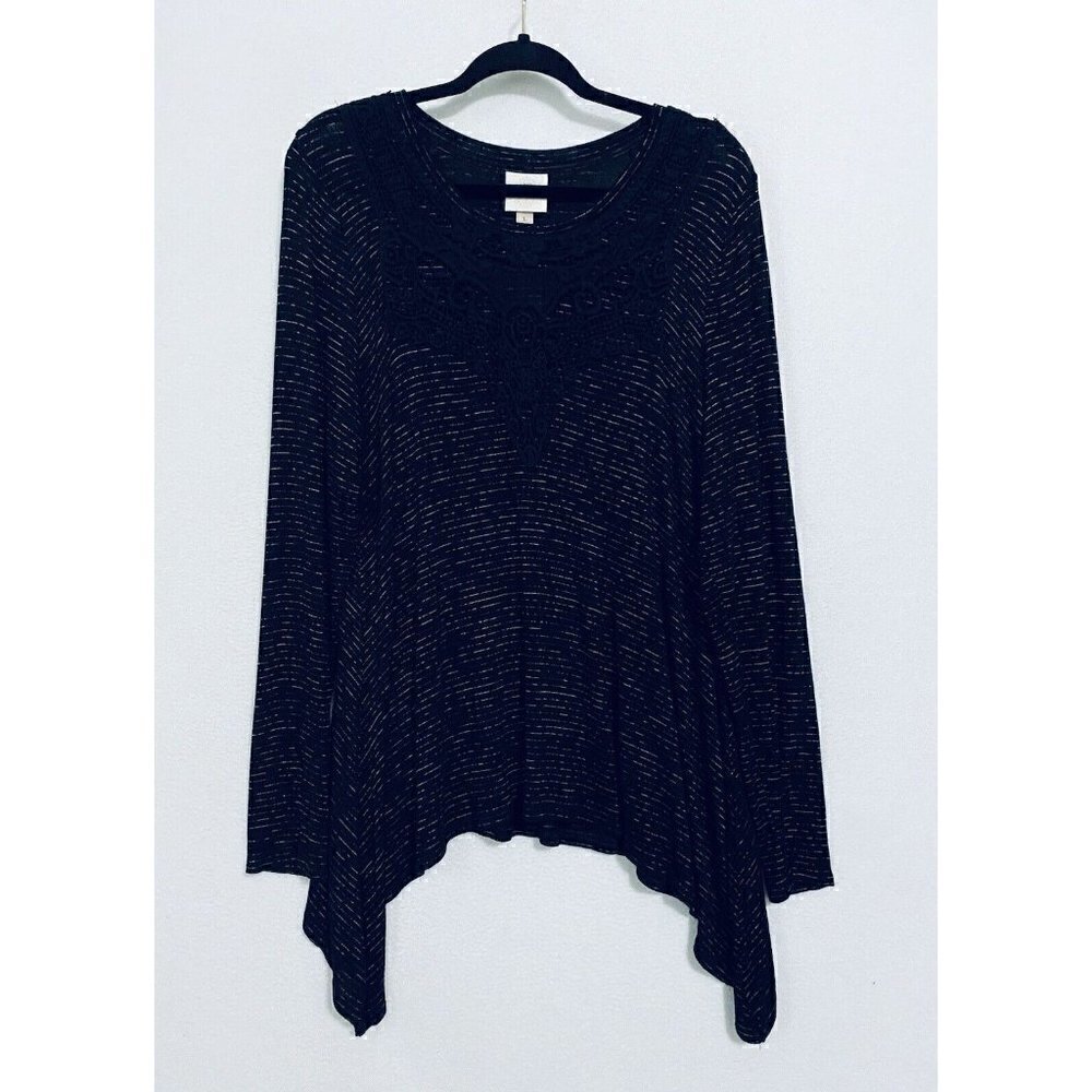 Knox Rose Tunic Top Womens Large Striped Crochet Trim Knit Black Long Sleeve